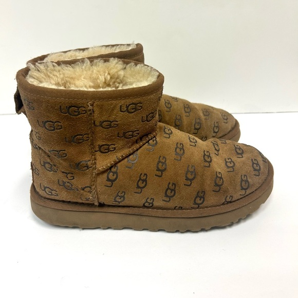 UGG Women Classic Mini II Boot 7 Chestnut Embossed All Over logo Suede Casual - Picture 9 of 10